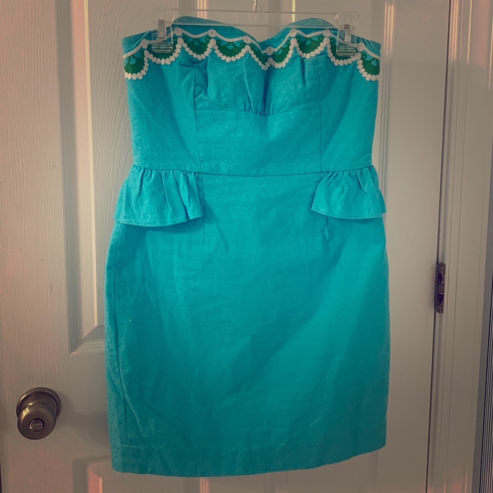Lily Pulitzer turquoise strapless dress.
